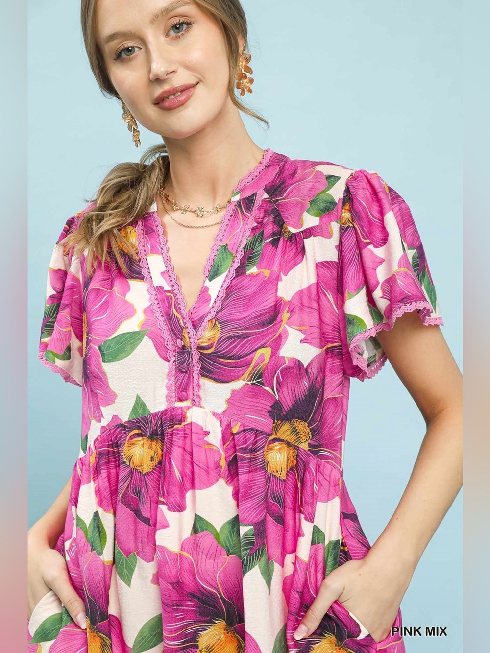 Umgee Tropical Floral V-Neck Flutter Sleeve Tiered Midi Dress - Picture 4 of 7